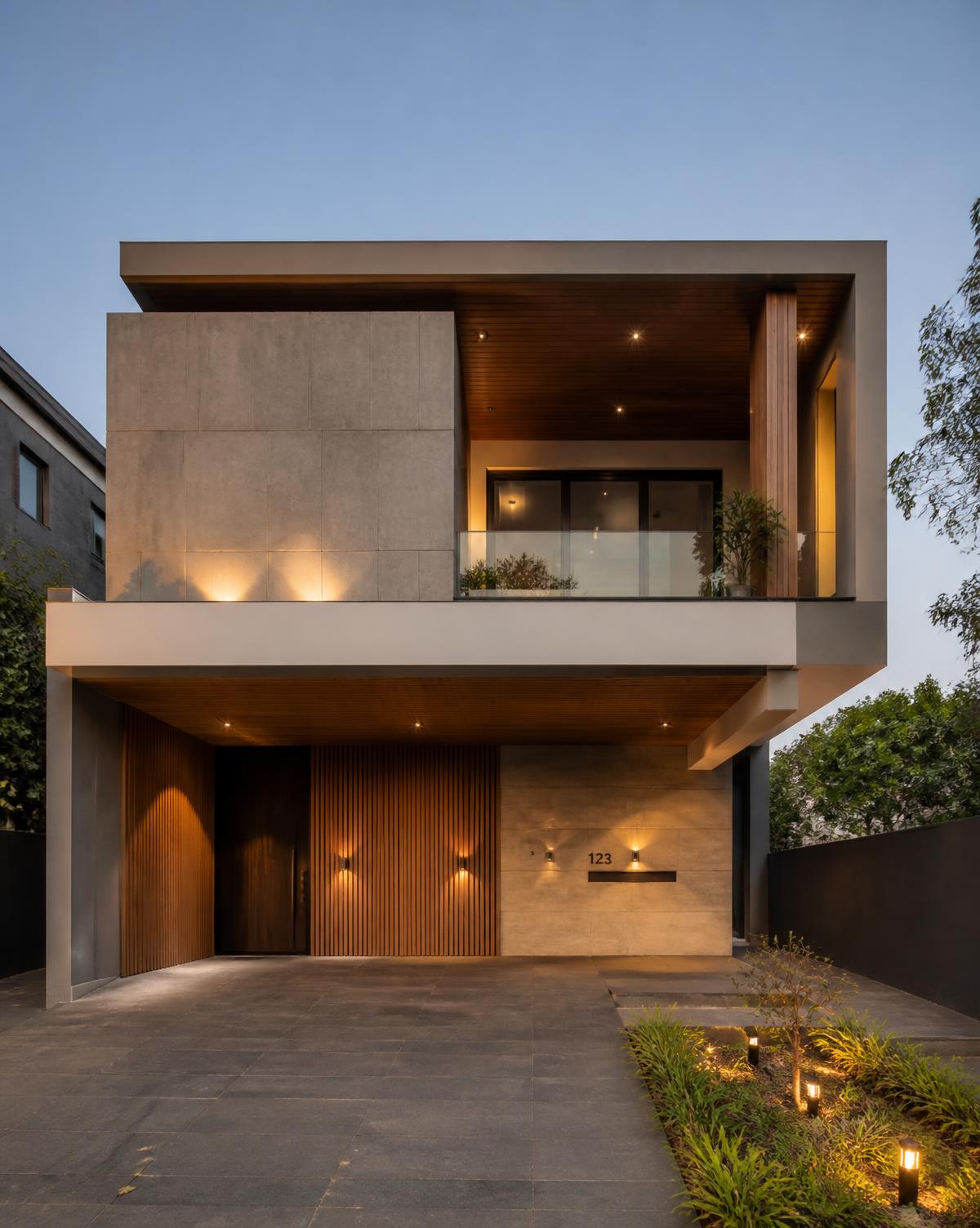Contemporary Indian villa exterior with concrete and timber detailing at dusk