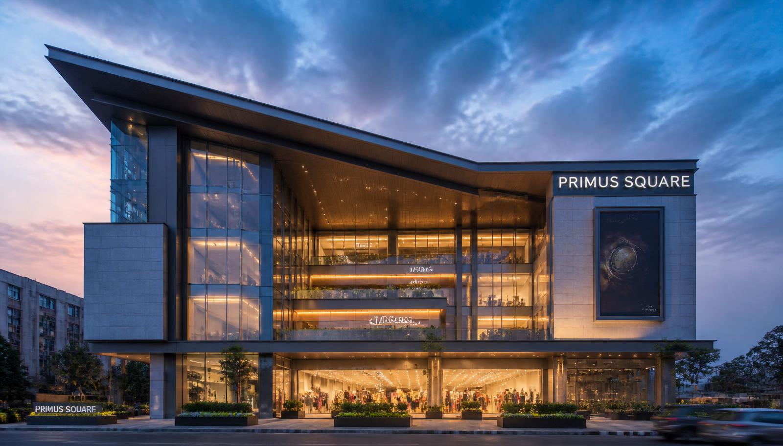 Modern commercial building illuminated at dusk