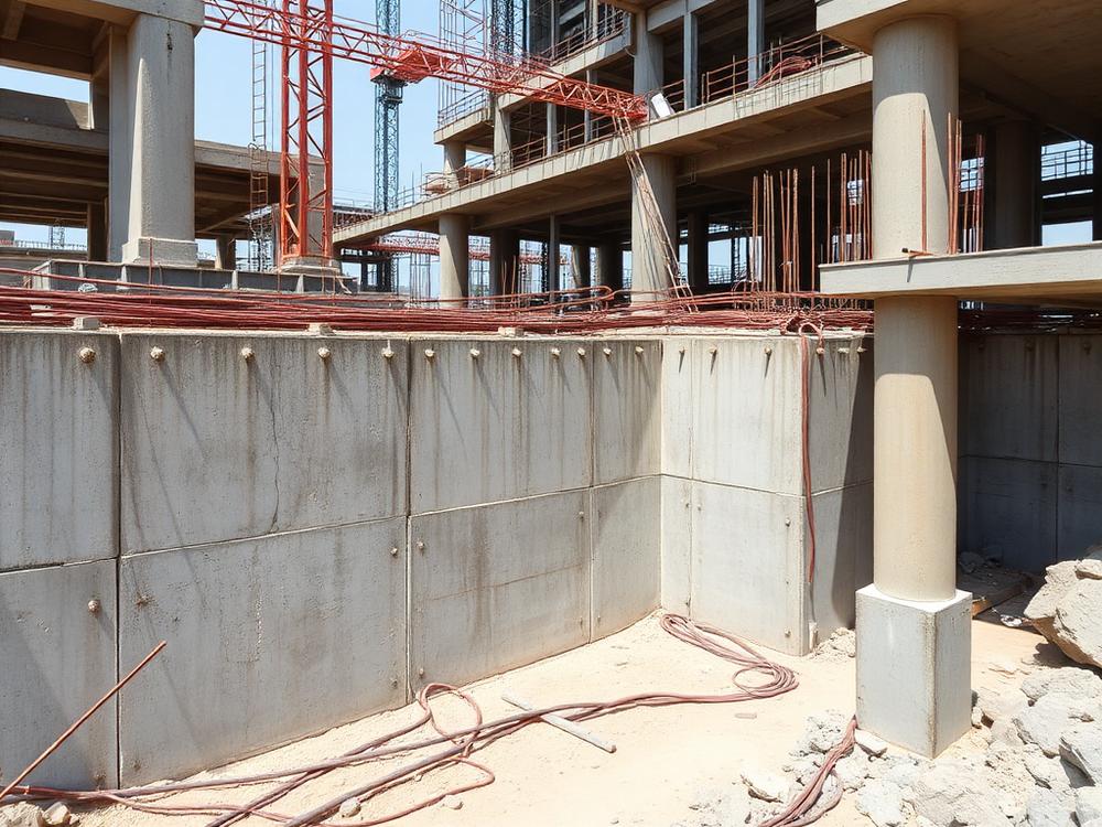 Concrete retaining walls and steel reinforcement at a construction site