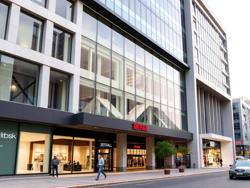 Modern commercial building facade with glass and stone