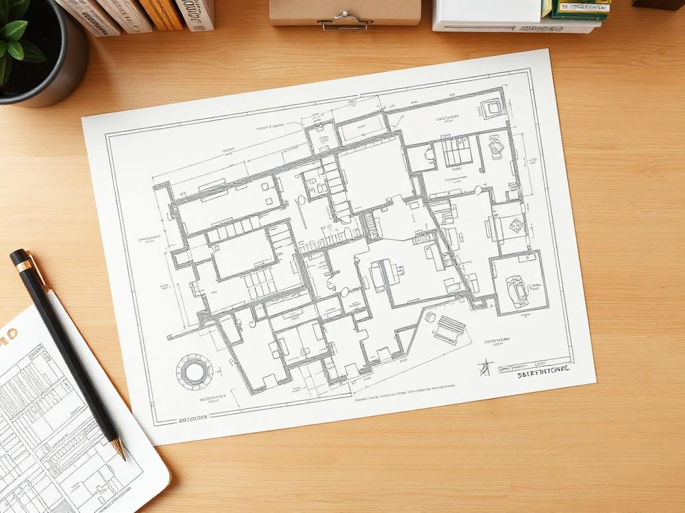 Architectural floor plan drawings laid out on a desk