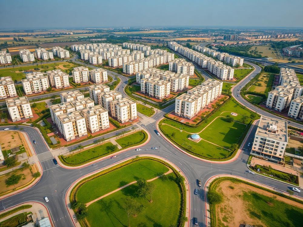 Aerial view of a planned residential development with roads and landscaping