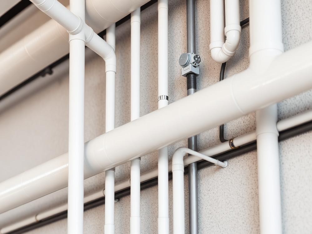 Plumbing pipes and electrical conduit routed along a building wall