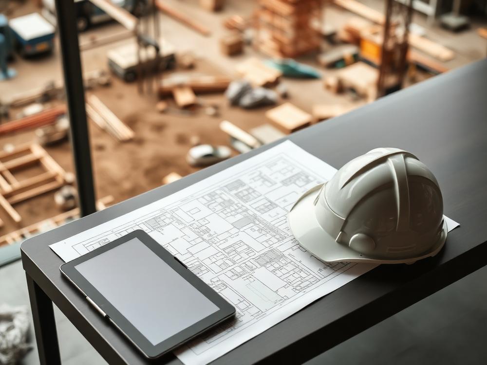 Site drawings and safety helmet on a table overlooking a construction site