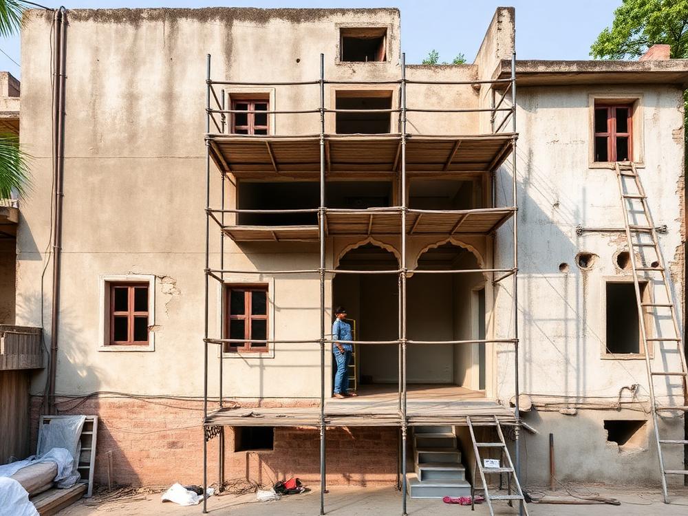 Older house facade under renovation with scaffolding