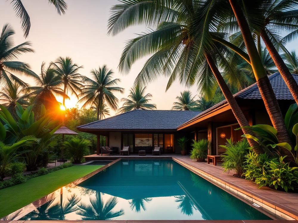 Resort cottage with pool surrounded by tropical landscaping